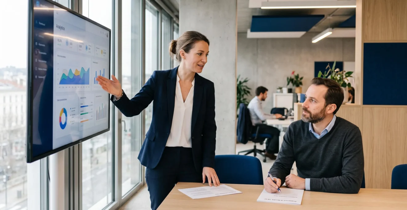 Consultant SEO présentant les résultats d'un audit à un client dans une agence digitale moderne