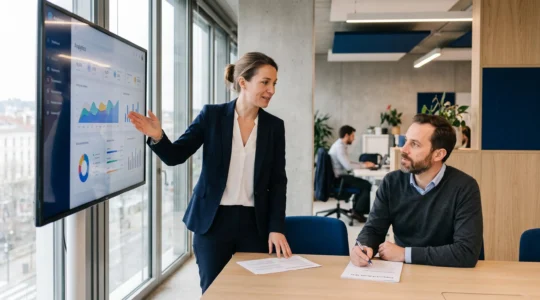 Consultant SEO présentant les résultats d'un audit à un client dans une agence digitale moderne