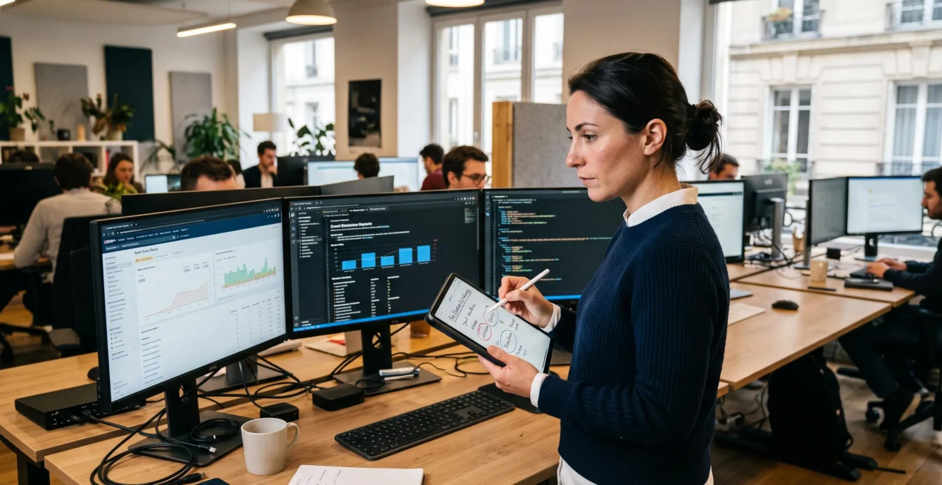 Spécialiste en marketing digital analysant des données techniques SEO sur plusieurs écrans dans une agence