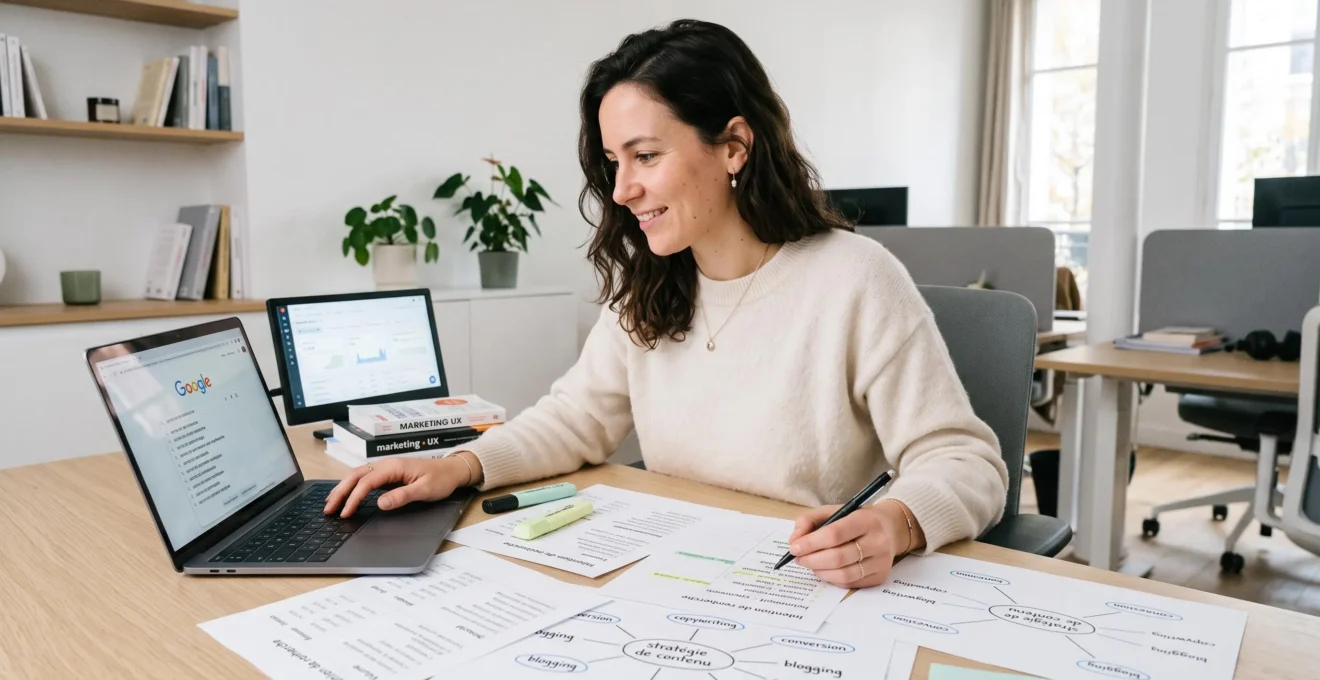 Stratège de contenu effectuant une recherche sémantique de mots-clés pour l'optimisation SEO dans un espace de travail moderne