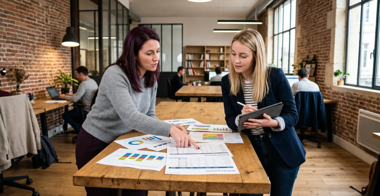 Deux stratèges SEO collaborant sur l'analyse de netlinking autour d'une table de travail dans une agence digitale